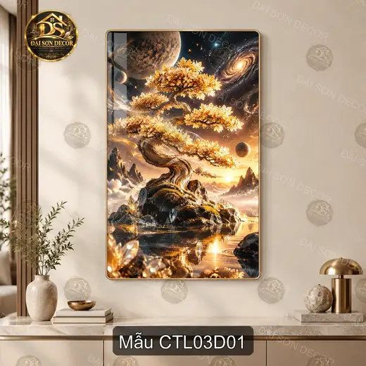 Tranh tráng gương Cây tài lộc 003 dọc decor phòng khách phòng làm việc sang trọng CTL03D01