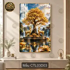 Tranh tráng gương Cây tài lộc 003 dọc decor phòng khách phòng làm việc sang trọng CTL03D01