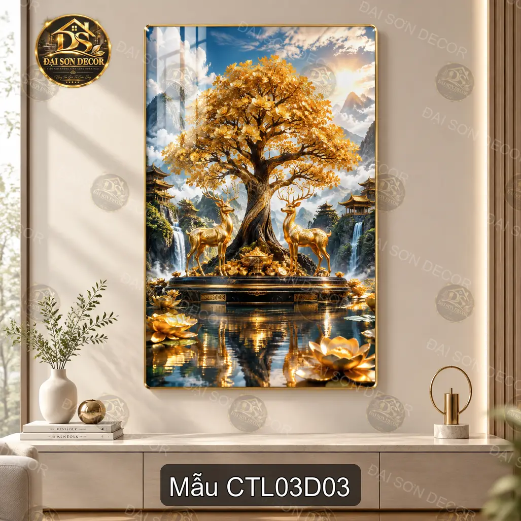 Tranh tráng gương Cây tài lộc 003 dọc decor phòng khách phòng làm việc sang trọng CTL03D01