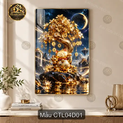 Tranh tráng gương Cây tài lộc 004 mèo thần tài nghệ thuật treo tường phòng khách sang trọng