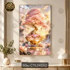Tranh tráng gương Cây tài lộc 004 mèo thần tài nghệ thuật treo tường phòng khách sang trọng