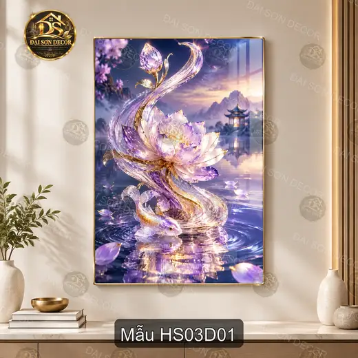 Tranh tráng gương Hoa sen 003 cá chép nghệ thuật decor phòng khách phong cách thư pháp