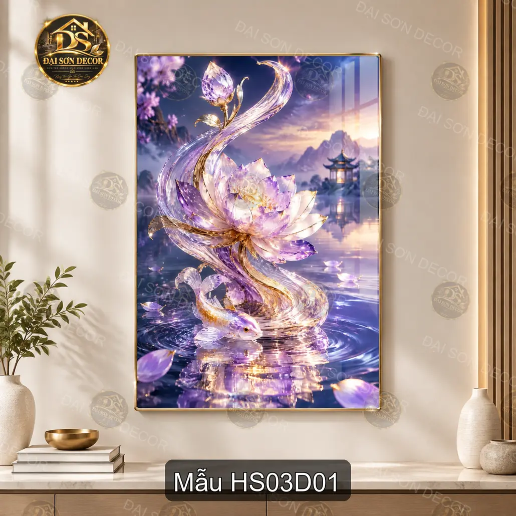 Tranh tráng gương Hoa sen 003 cá chép nghệ thuật decor phòng khách phong cách thư pháp