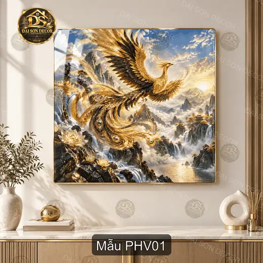 Tranh tráng gương Phượng hoàng vàng treo tường trang trí phòng khách quà tặng