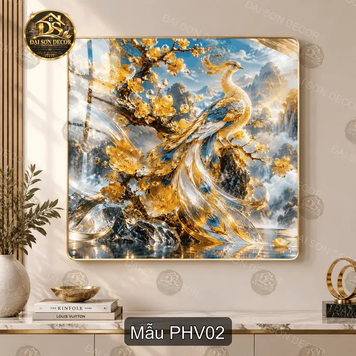 Tranh tráng gương Phượng hoàng vàng treo tường trang trí phòng khách quà tặng