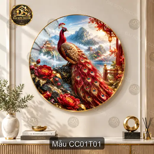 Tranh tráng gương tròn chim công nghệ thuật decor phòng khách sang trọng