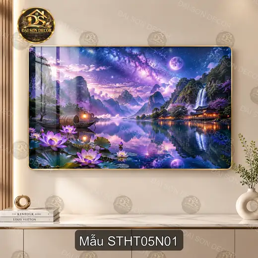 Tranh tráng gương Sơn thủy hữu tình 005 phong cảnh núi hồ hoa sen decor phòng khách