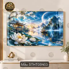 Tranh tráng gương Sơn thủy hữu tình 005 phong cảnh núi hồ hoa sen decor phòng khách