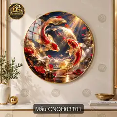 Tranh tròn tráng gương Cửu ngư quần hội 003 hiện đại sáng đẹp treo tường phòng khách