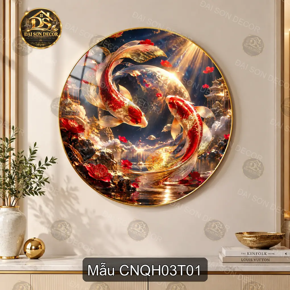 Tranh tròn tráng gương Cửu ngư quần hội 003 hiện đại sáng đẹp treo tường phòng khách