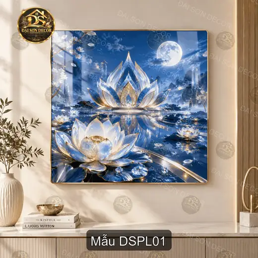 Tranh tráng gương vuông đài sen pha lê phong cảnh xanh decor phòng khách quà tặng ý nghĩa