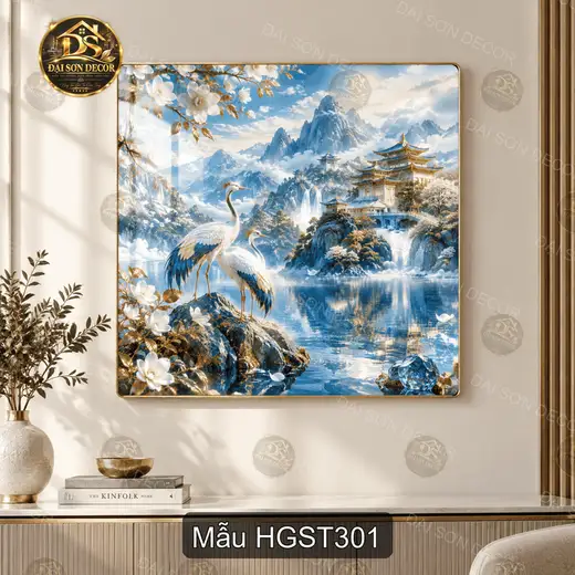 Tranh tráng gương Hạc giữa sơn thủy 3 decor phòng khách phong cách sang trọng