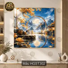 Tranh tráng gương Hạc giữa sơn thủy 3 decor phòng khách phong cách sang trọng