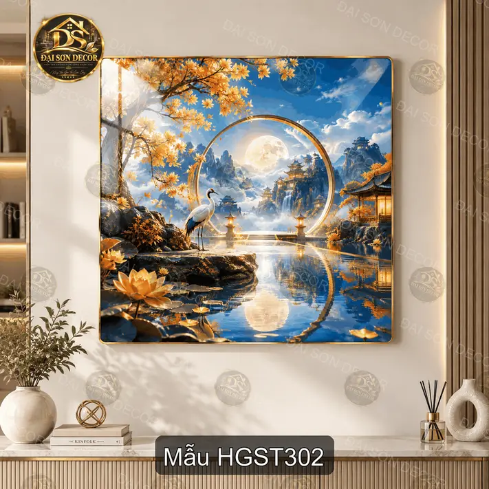 Tranh tráng gương Hạc giữa sơn thủy 3 decor phòng khách phong cách sang trọng