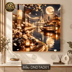 Tranh tráng gương vuông Dạ nguyệt đô thị Á Đông phong cảnh đêm trang trí phòng khách
