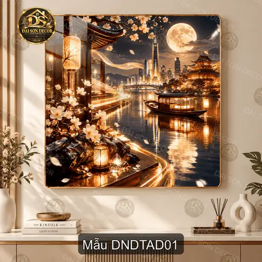Tranh tráng gương vuông Dạ nguyệt đô thị Á Đông phong cảnh đêm trang trí phòng khách