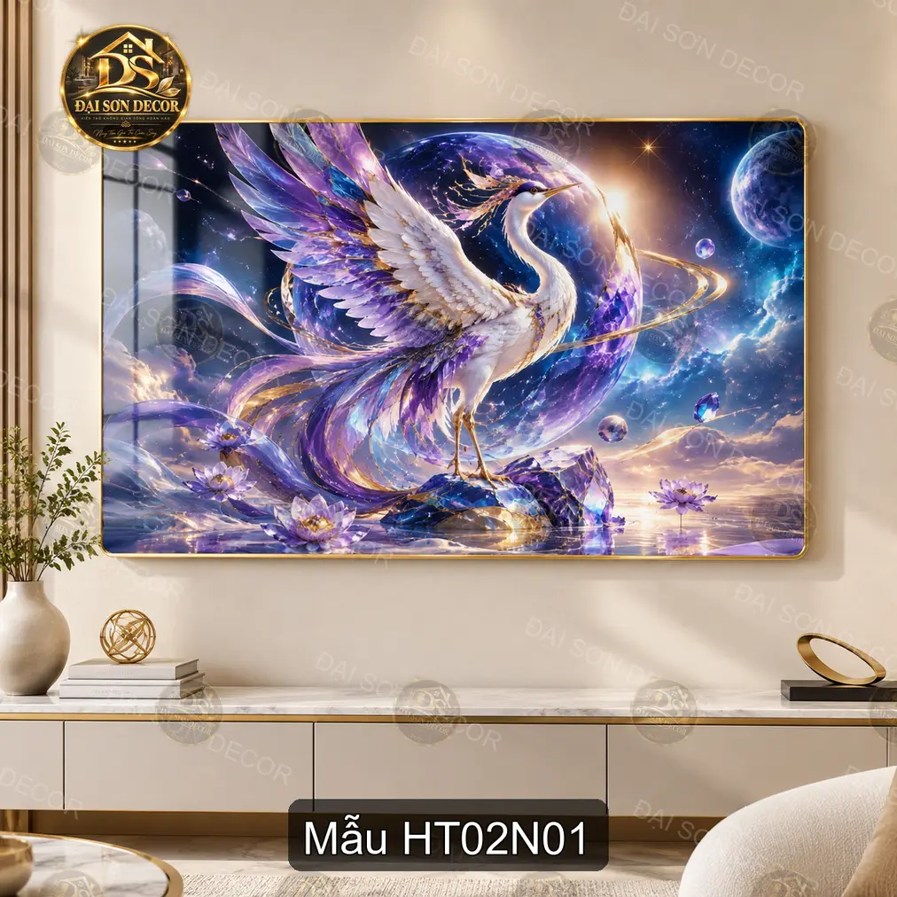 Tranh tráng gương Hạc tiên 002 phong cảnh thiên nga vũ trụ trang trí phòng khách sang trọng