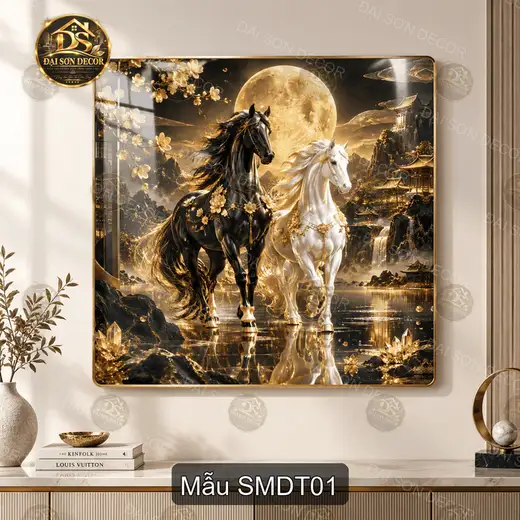 Tranh tráng gương Song mã dưới trăng decor phòng khách phong cách sang trọng hiện đại