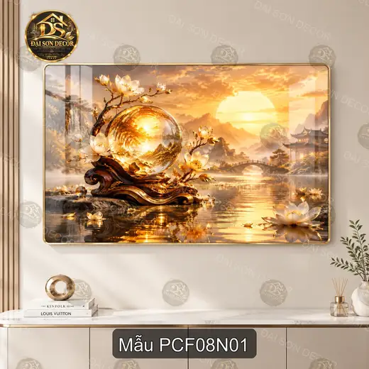 Tranh tráng gương phong cảnh fantasy 008 hồ sen hoàng hôn nghệ thuật tạo điểm nhấn phòng khách