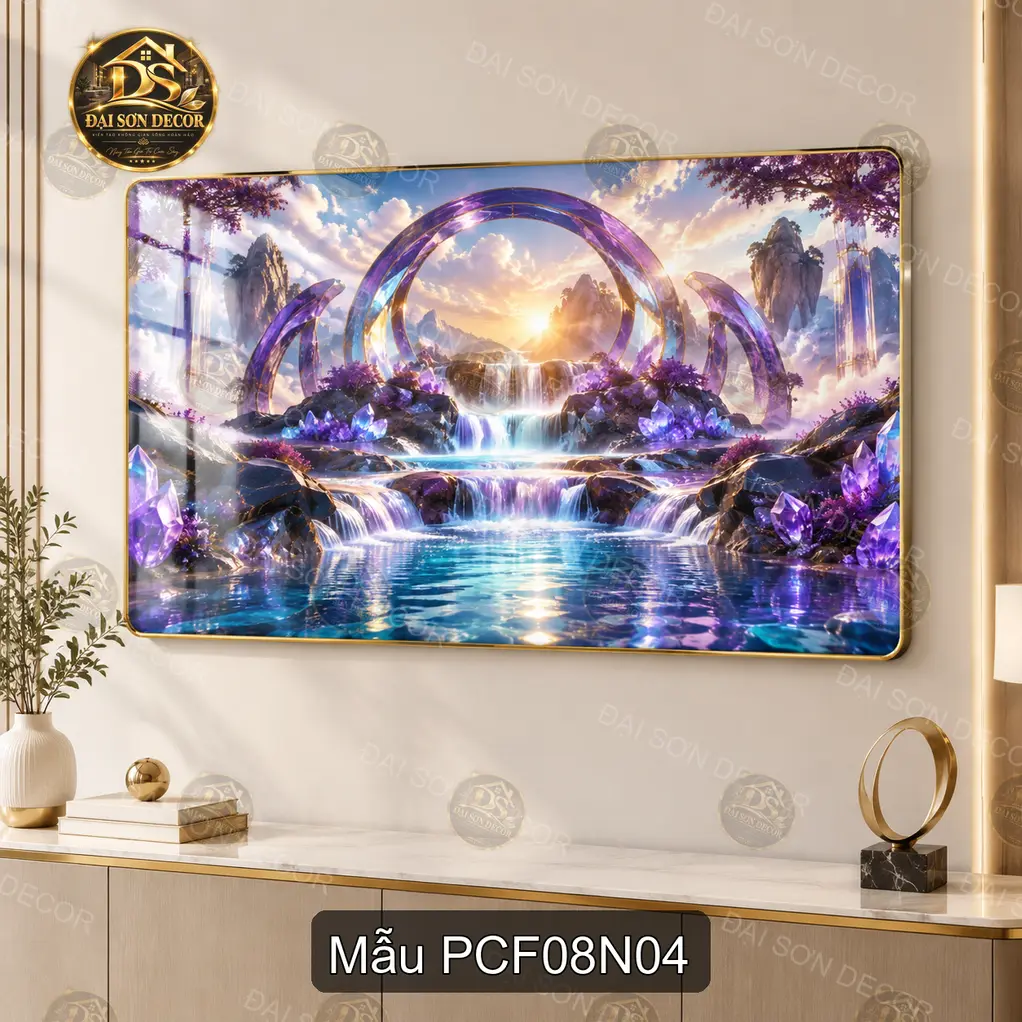 Tranh tráng gương phong cảnh fantasy 008 hồ sen hoàng hôn nghệ thuật tạo điểm nhấn phòng khách