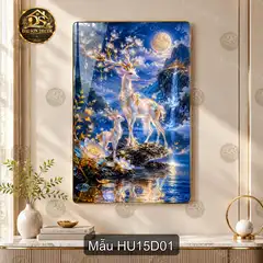 Tranh tráng gương Hươu 015 cao cấp phong cảnh hươu nai sang trọng decor phòng khách