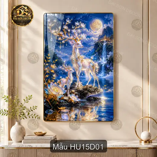 Tranh tráng gương Hươu 015 cao cấp phong cảnh hươu nai sang trọng decor phòng khách