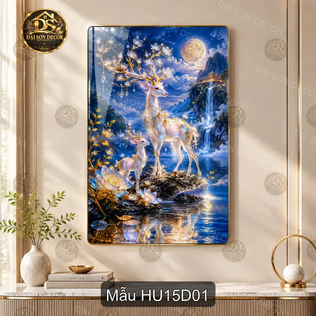 Tranh tráng gương Hươu 015 cao cấp phong cảnh hươu nai sang trọng decor phòng khách