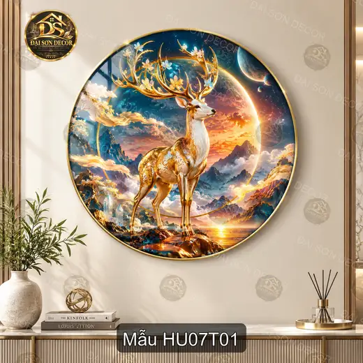 Tranh tráng gương tròn Hươu 007 phong cảnh sơn thủy vũ trụ decor phòng khách sang trọng