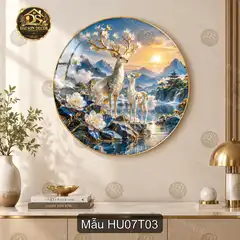Tranh tráng gương tròn Hươu 007 phong cảnh sơn thủy vũ trụ decor phòng khách sang trọng