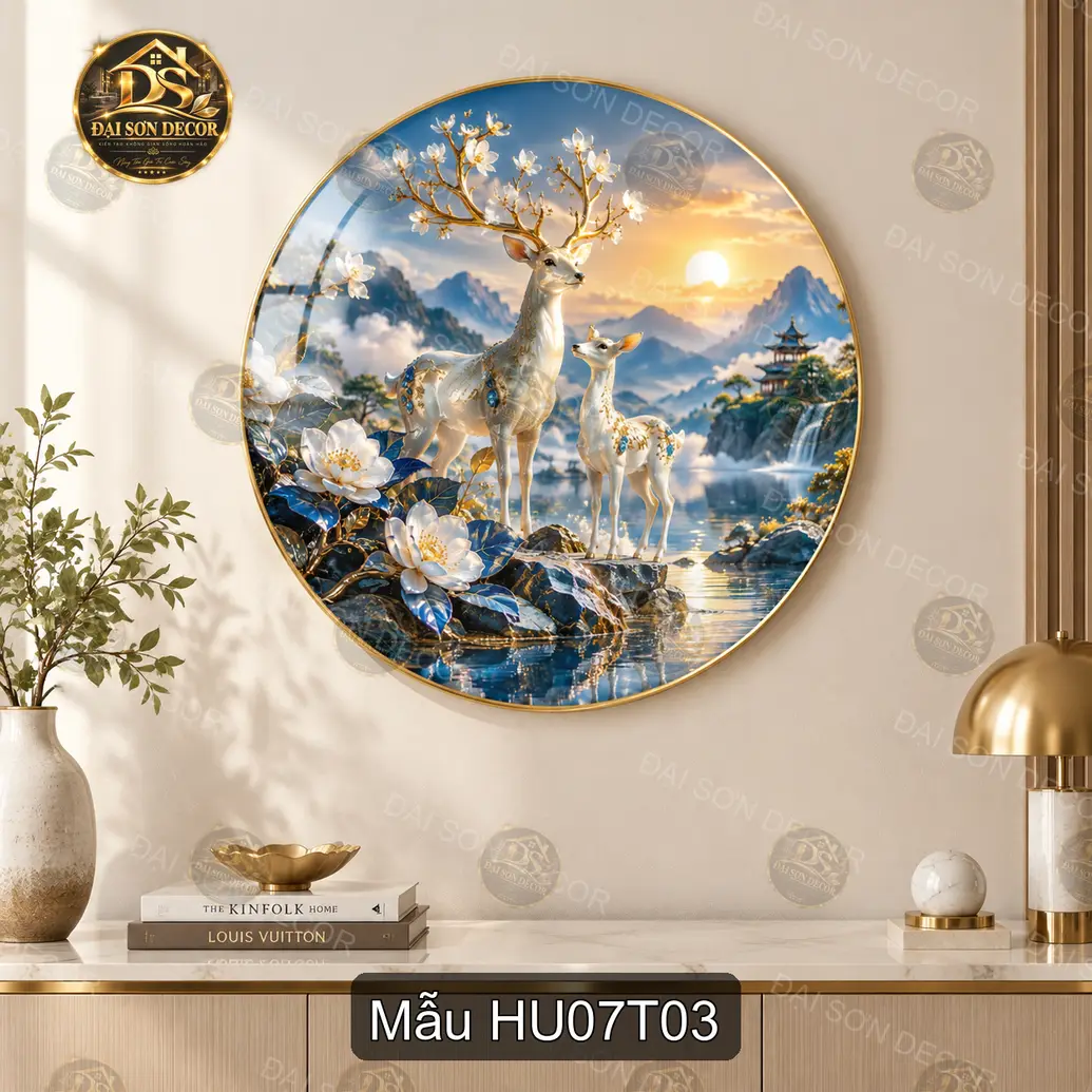 Tranh tráng gương tròn Hươu 007 phong cảnh sơn thủy vũ trụ decor phòng khách sang trọng