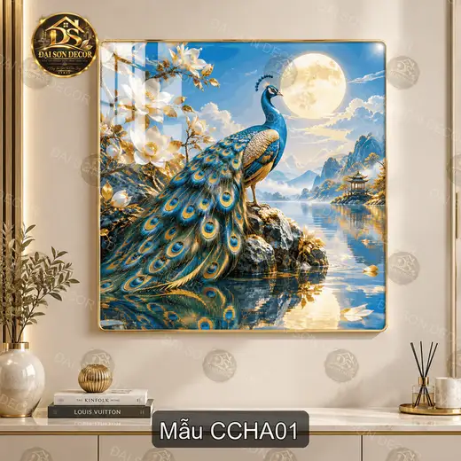 Tranh tráng gương vuông Chim công huyền ảo decor phòng khách quà tặng sang trọng