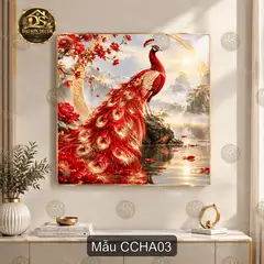 Tranh tráng gương vuông Chim công huyền ảo decor phòng khách quà tặng sang trọng