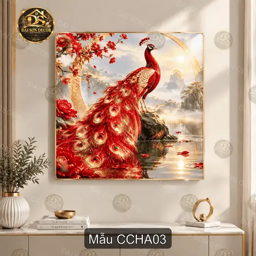 Tranh tráng gương vuông Chim công huyền ảo decor phòng khách quà tặng sang trọng