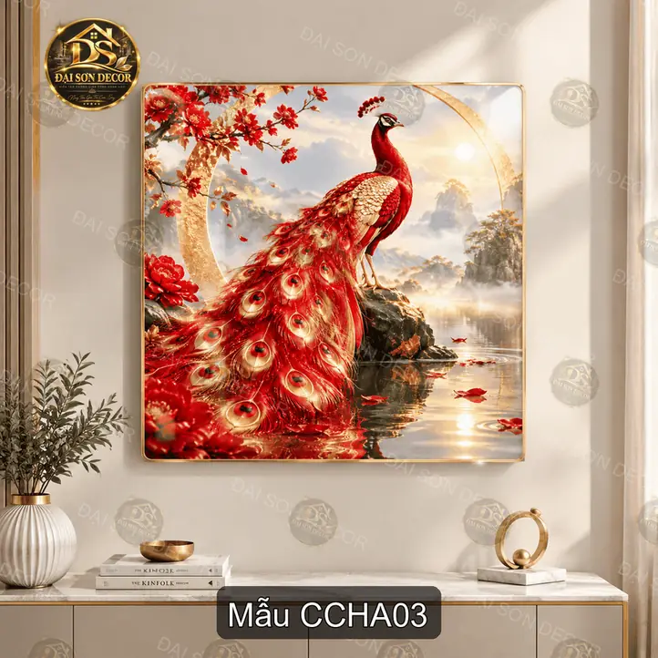 Tranh tráng gương vuông Chim công huyền ảo decor phòng khách quà tặng sang trọng