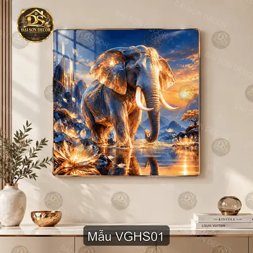 Tranh tráng gương vuông Voi giữa hồ sen decor phòng khách sang trọng