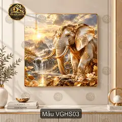Tranh tráng gương vuông Voi giữa hồ sen decor phòng khách sang trọng