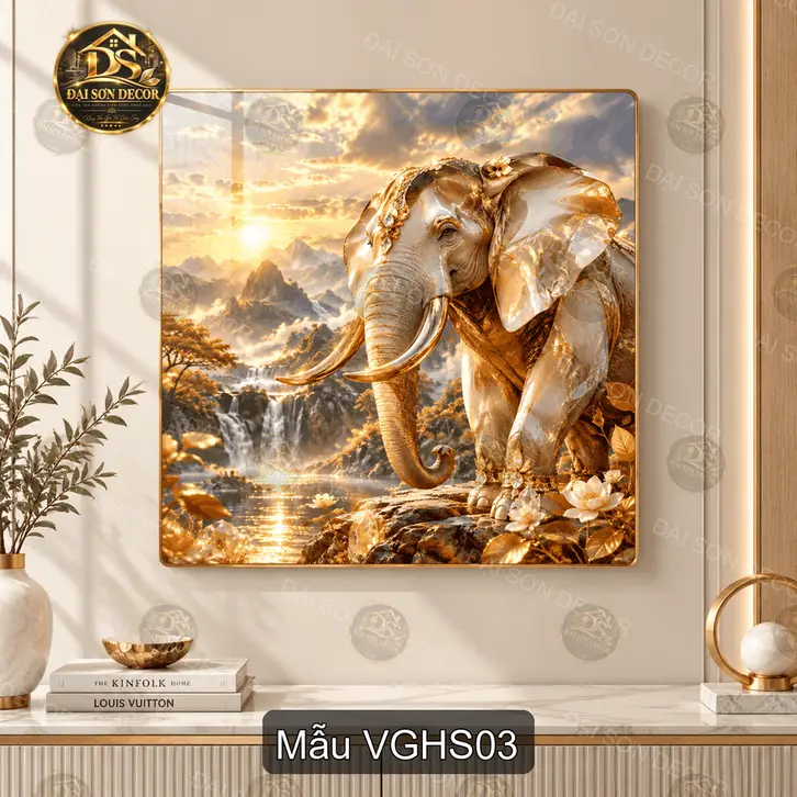 Tranh tráng gương vuông Voi giữa hồ sen decor phòng khách sang trọng