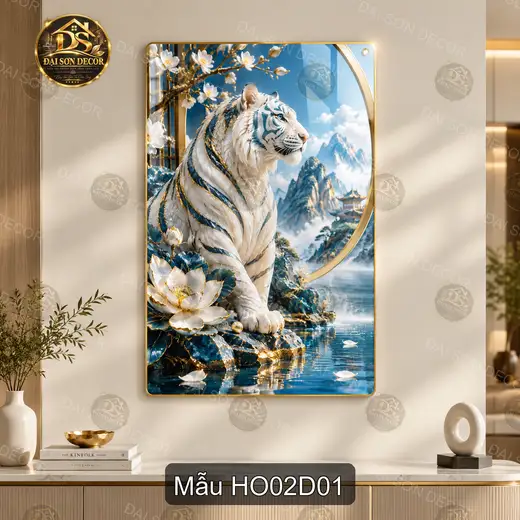 Tranh tráng gương Hổ 002 nghệ thuật sơn thủy hoa sen điểm nhấn sang trọng cho phòng khách