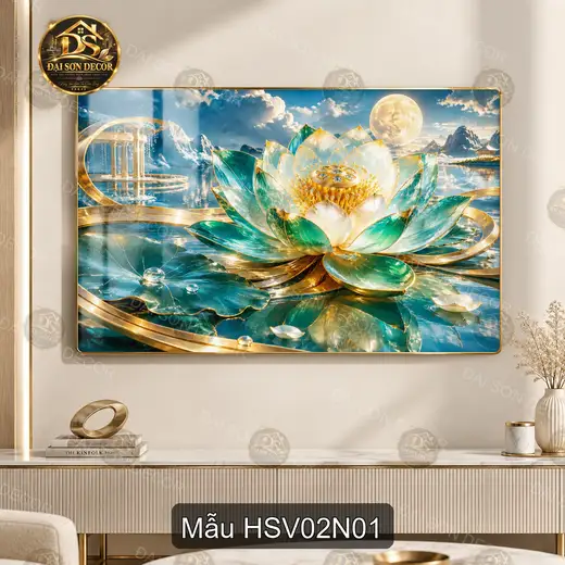 Tranh tráng gương Hoa sen vàng 002 hiện đại sáng đẹp decor treo tường phòng khách
