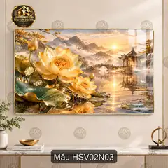 Tranh tráng gương Hoa sen vàng 002 hiện đại sáng đẹp decor treo tường phòng khách