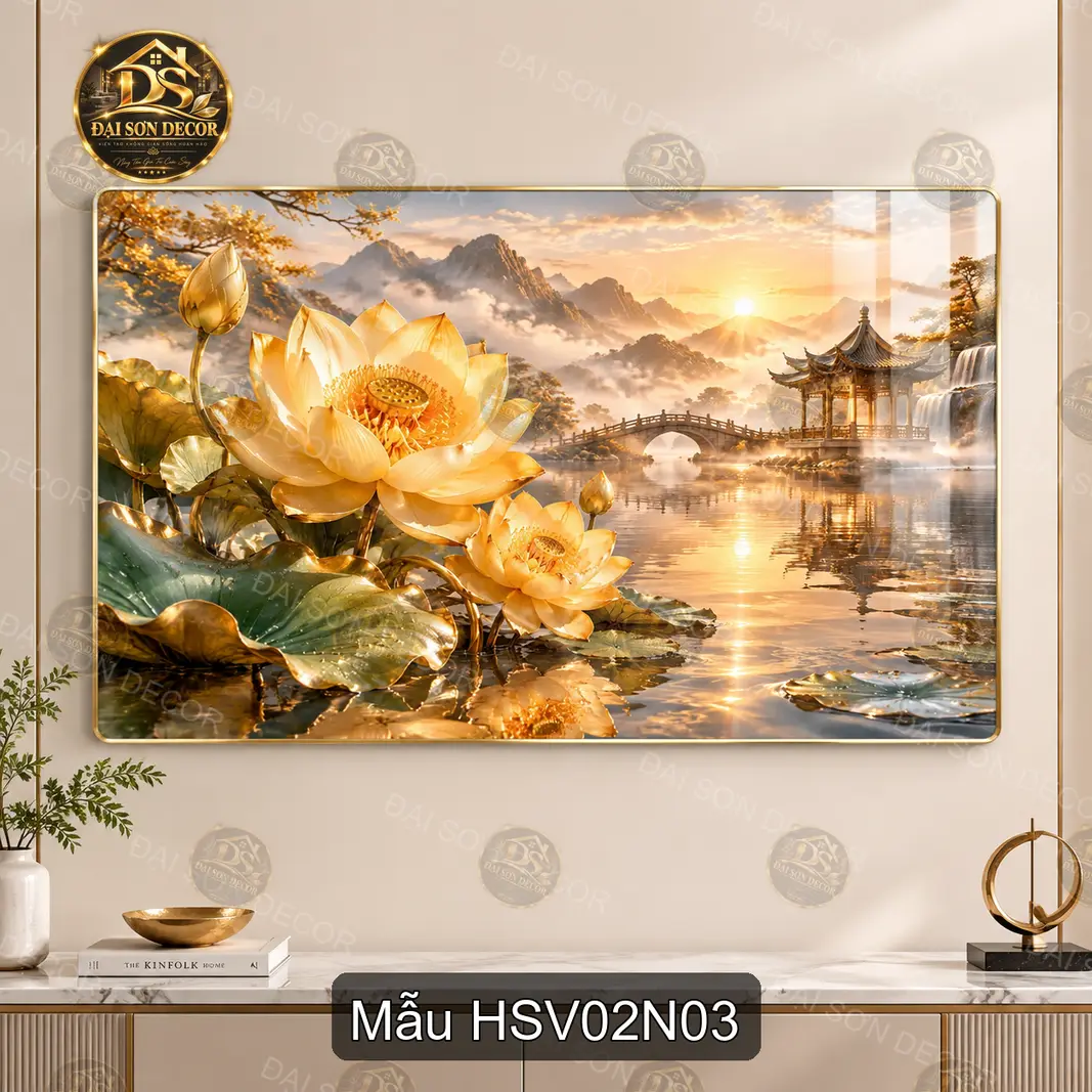 Tranh tráng gương Hoa sen vàng 002 hiện đại sáng đẹp decor treo tường phòng khách