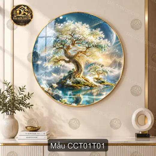 Tranh tráng gương tròn cây cổ thụ decor phòng khách phòng làm việc sang trọng