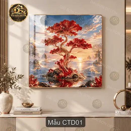 Tranh tráng gương cây tùng đỏ phong cảnh decor phòng khách quà tặng trang trí ý nghĩa