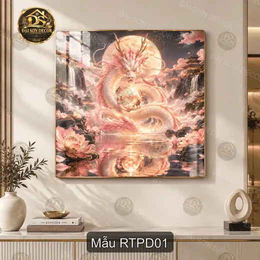 Tranh tráng gương vuông Rồng thần phương đông decor phòng khách sang trọng mẫu RTPD01