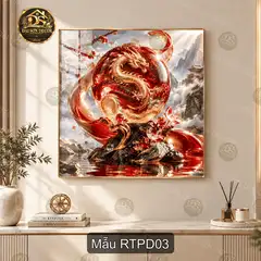 Tranh tráng gương vuông Rồng thần phương đông decor phòng khách sang trọng mẫu RTPD01