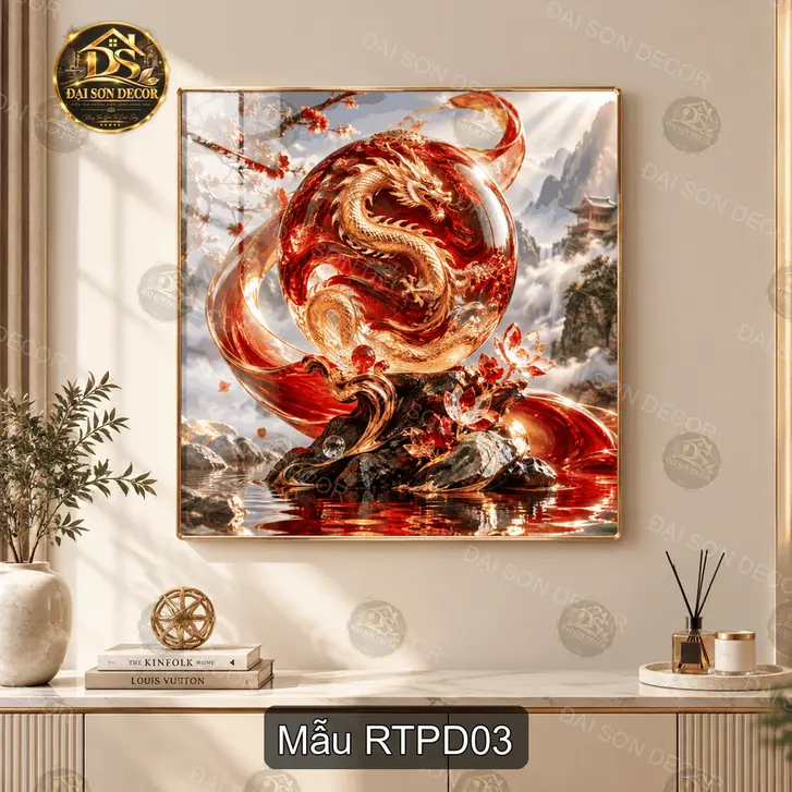 Tranh tráng gương vuông Rồng thần phương đông decor phòng khách sang trọng mẫu RTPD01