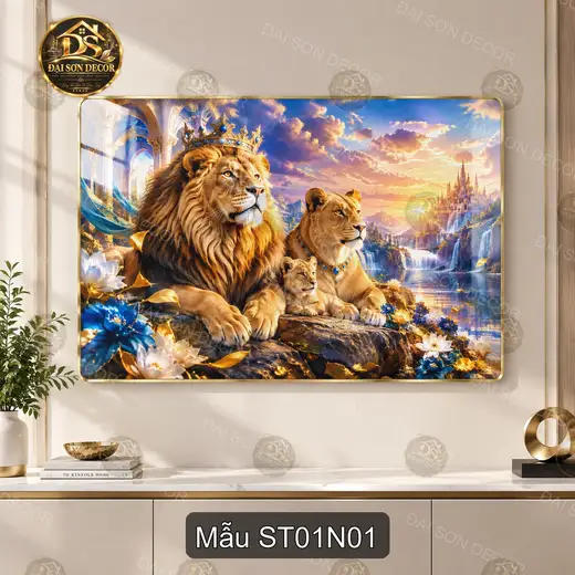 Tranh tráng gương sư tử gia đình phong cảnh hoàng gia decor phòng khách nghệ thuật