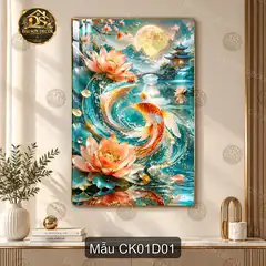 Tranh tráng gương Cá Koi hoa sen phong cảnh sơn thủy dọc trang trí phòng khách