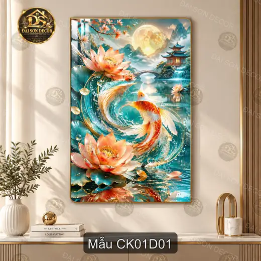 Tranh tráng gương Cá Koi hoa sen phong cảnh sơn thủy dọc trang trí phòng khách