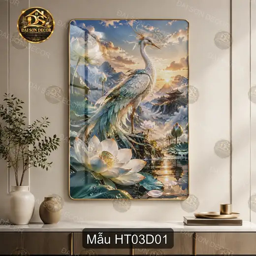Tranh tráng gương Hạc tiên 003 dọc phong cảnh hồ sen trang trí phòng khách